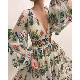 Charming Embroidery Pattern Women Dress Holidays Party Full Sleeves Deep V Neck Side Split Sexy Fashion Lady Maxi Dresses 240321