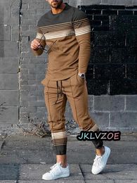 Men's Tracksuits Autumn Sets Print Long Sleeve T-shirt Trousers 2 Piece Outfits 3D Striped Streetwear Oversized Casual Suits