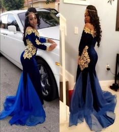 2K18 Nigerian Long Sleeves Prom Dresses Off Shoulder Velvet Mermaid Royal Blue Velvet Evening Gowns With Appliques6939425