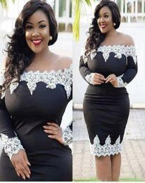Plus Size Black Short Evening Gowns White Lace Appliques Off The Shoulder Prom Dresses Long Sleeves Knee Length Cheap Formal Party1099408