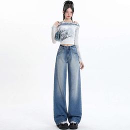 Blue high waisted wide leg jeans for womens 2024 new loose slimming and drooping feeling small figure floor mopping straight leg pants