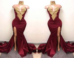 2019 Sexy Burgundy High Neck Mermaid Prom Dresses Gold Lace Appliques Side Split Evening Dresses Cheap Party Wear BA59982464041