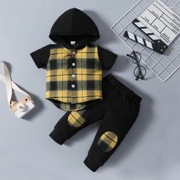 Clothing Sets 3M-24M Baby Boys Summer Short Sleeved Button Hooded Chequered Shirt Pants Set Preschool