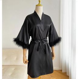 Home Clothing Women's Satin Silk Pajamas Bathrobe Spring And Autumn Sexy Morning Robe With Feather Long Sleeved Outwear Nightgown