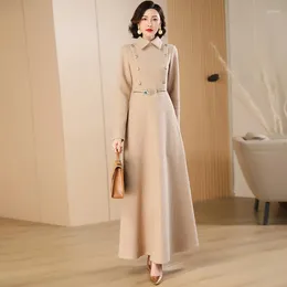 Casual Dresses Woollen Long Winter Dress Turn-down Collar Cashmere Office Lady Khaki Runway Warm Snow Wear Maxi Evening Ankle-Length