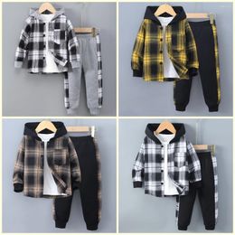 Clothing Sets 2024 Spring Winter Kids Boy Set 2-Piece Cotton Casual Simple Long Sleeve Hooded Coat Chequered Children Suit 3 4 5 6 7 Years