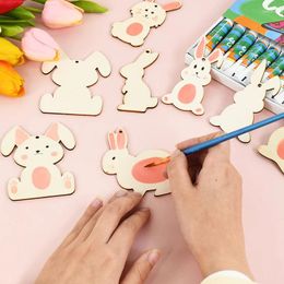 Party Decoration 6Pcs Easter Wooden Pendant Unfinished Slice Painting Ornament DIY Wood Craft Happy 2024