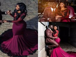 2018 African Burgundy Prom Dresses Sheer Long Sleeves With Black Appliques Lace Mermaid Formal Party Evening Gowns Vestidos De Fie5302599