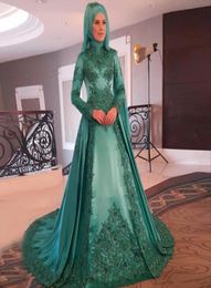 Hunter Green Muslim Evening Dresses High Neck Long Sleeves Appliques Sequins Beaded Satin Hijab Prom Dresses Saudi Arabic Evening 5346514