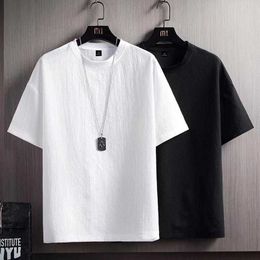 Linen Short Sleeve T-shirt Mens Summer New Half Cotton Solid Colour Loose Bottomed Shirt White Five Point