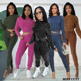 Women's Two Piece Pants Knitted Sweater 2 Sets Women Tracksuit 2024 Winter Pullovers Crop Top Elegant Sexy Matching Outfits