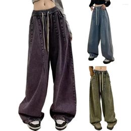 Women's Jeans 1Pc Hip Hop Women Wide Leg Loose Denim All-season Elastic Waist Streetwear Deep Crotch Pockets Vintage Long Pants