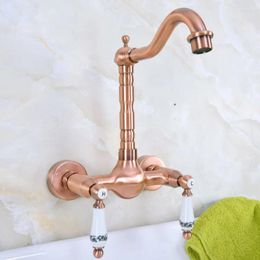 Bathroom Sink Faucets Antique Red Copper Kitchen Basin Faucet Mixer Tap Swivel Spout Wall Mounted Dual Ceramic Handles Tnf951