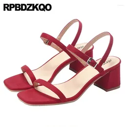 Dress Shoes Two Strap Sandals Women Pumps Elegant Red Summer Block Soft Square Ladies Thick Chunky 2024 Bridal Low Heel