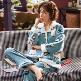 Home Clothing Cartoon Flannel Thick Warm Pyjama Sets Women Lovely Sweet Girls Tun-down Collar Pockets Windproof Soft Cosy Fluffy Nightwear