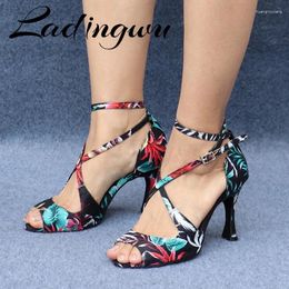 Dance Shoes Ladingwu Salsa Jazz Ballroom Latin Black For Dancing Social Strip High Heels Featured Graffiti Satin Sandals