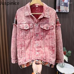 Men's Jackets American Retro Washed Pink Patchwork Workwear Jacket Couple Loose Casual High Street Denim Men Tops Male Clothes