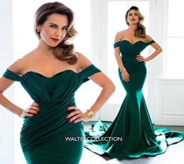 Emerald Formal Evening Dresses Off Shoulder Chapel Train Satin Plus Size 2019 Arabic Long Dresses Bridesmaid Prom Gowns Custom Mad1445582