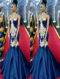 Halter Royal Blue Mermaid Evening Dresses Satin Gold Applique Floor Length African Prom Dress Evening Wear Party Gowns Plus Size V5513084