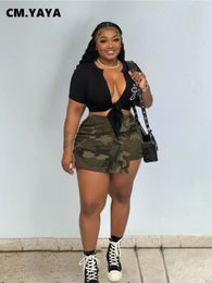 CMYAYA Plus Size Women Camouflage Draped Waist Shorts Skirts 2023 Fashion Summer Streetwear INS Curve Mini Skirt 240322