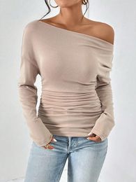 Women's T Shirts Women Spring Fall Solid Colour Basic T-shirt Long Sleeve Off-shoulder Tops Slim Fit Ladies Clubwear