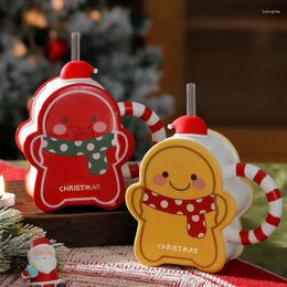Mugs Christmas Ceramic Mug Creative Gingerbread Man Shape Straw Cup Breakfast Milk Drinking Decoration Gift