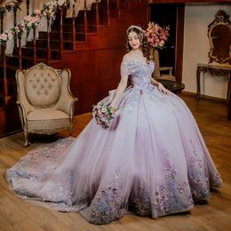 Mexican Lilac Quinceanera Dresses Ball Gown Beaded Lace Appliques Bow Tull Sweet 16 Dress Princess Lace Up Vestido De 15 Anos