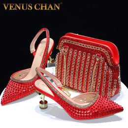Chan High Heels Wedges Shoes for Women Party Pointed Toe Pumps Red Color with Hollow Rhinestones and Matching Bag Set 240320