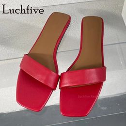 Slippers Fashion Leather Square Toe Flats Women's Slip On Lazy Ladies Mules Brand Casual Summer Shoes Mujer