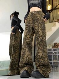 Women's Jeans American Fashion Trend Leopard Print Straight Women Y2K Street Hip Hop Retro High Waist Slim Wide Leg Pants Denim Trousers