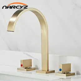 Bathroom Sink Faucets Basin Light Luxury Brass Brushed Gold Three-hole Faucet And Cold Washbasin Waterfall GL111