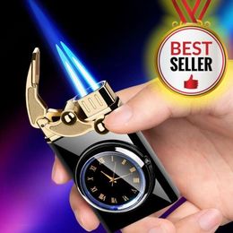 2023 Hot Sale Metal Rocker Windproof Double Straight Flush Fire Butane Without Gas Lighter Seven Colour Lighter Watch Men's Gift