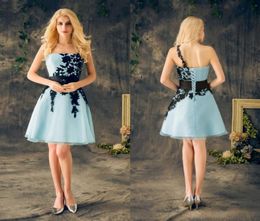 2021 Real Short Homecoming Dresses Light Sky Blue With Black Appliques Lace One Shoulder Cheap Party Dress8639423