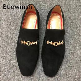 Dress Shoes Gold Metal Decor Man Pointed Toe Black Real Suede Leather Slip On Flats Male Fashion Party