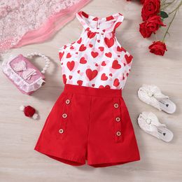 Kids Clothes Girls sets Hanging Neck Tops Shorts Children Clothing Suits Youth Toddler Short Sleeve tshirts Pants Outfits Red Love Flower Blue Green U87D#
