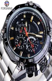 Forsining Sport Style Men039s Mechanical Watches Black Automatic 3 Sub Dial Date Stainless Steel Belts Outdoor Military Wristwa4979495