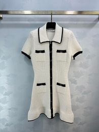 2024 Spring/Summer New Contrasting Colour Flip Collar Knitted Waist Short-Sleeve Dress