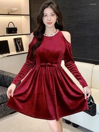 Casual Dresses 2024 Red Velvet Diamonds Luxury Dress Gown Women Fashion Chic Off Shoulder Sexy Short Autumn Winter Elegant Evening