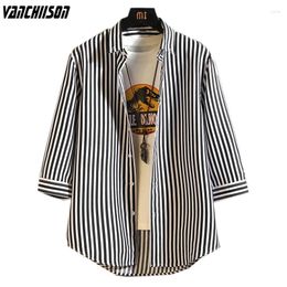 Men's Casual Shirts Young Men Shirt Stripes Blue For Summer 3/4 Sleeve Polyester Male Fashion Clothing 00520