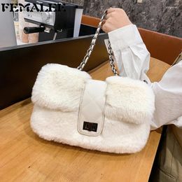 Shoulder Bags 2024 INS Fashion Women Plush PU Belt Lock Elegant Female Underarm Faux Fur Handbag Furry Fluffy Tote