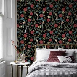 Wallpapers Peel And Stick Red Flower Wallpaper Retro Floral Birds PVC Home Decor Vintage Dark Blue Self-adhesive Room Wall