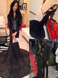2016 Sexy Black Long Sleeves Sequin Mermaid Evening Dresses Plunging V Neckline Court Train Celebrity Gowns Women Africa Prom Dres4012431
