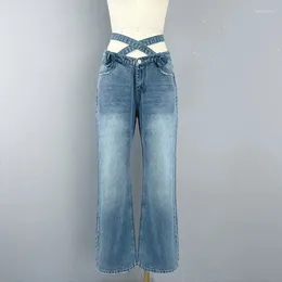 Women's Jeans Clothing Classic Handmade Flower Low Waist Fashion 2 Colour Detachable Cross-strap Wide-leg Pants Summer 2024