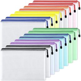 Folder 16Pcs Mesh Zipper Pouch Document Bag,Waterproof Zip File Folders,A4 Size, for School Office Supplies,Travel Storage Bags