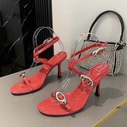 Sandals Metal Decor High Heels For Women Snake Pattern Cowhide Open Toe Buckle Strap Stiletto 2024 Summer In Lady Shoes