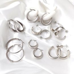 Hoop Earrings Round Circle Geometric Clip Fashion Trending Stainless Steel Y2K Style Piercing Stud Aretes De Mujer 2024