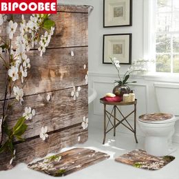 Shower Curtains Beautiful Flowers Board Curtain Floral Bathroom Pedestal Rug Non-slip Carpet Toilet Lid Cover Mat Home Decor