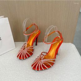 Sandals Luxury Design Silk High-heeled Catwalk Ankle Buckle Strap Sexy With Line Crystal . Tapered Heel Party Pumps