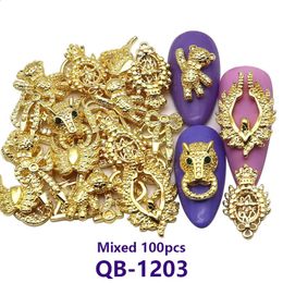 Mix 100 Pcs Metal Manicure Nail Art Decoration Charm Golden Silver Leopard head angel bear Brand Variety Mixed Nail Accessories 240401