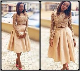 Gold Two Pieces Prom Dresses Lace Long Sleeves Top And Satin Skirts Evening Gown Tea Length Black Girl Formal Party Dress Cheap3966413